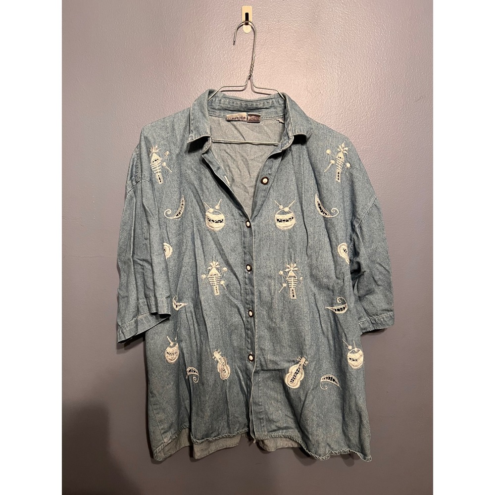 Women's Freestyle Denim Short Sleeve Button Down Whimsical Musical Shirt Sz XL